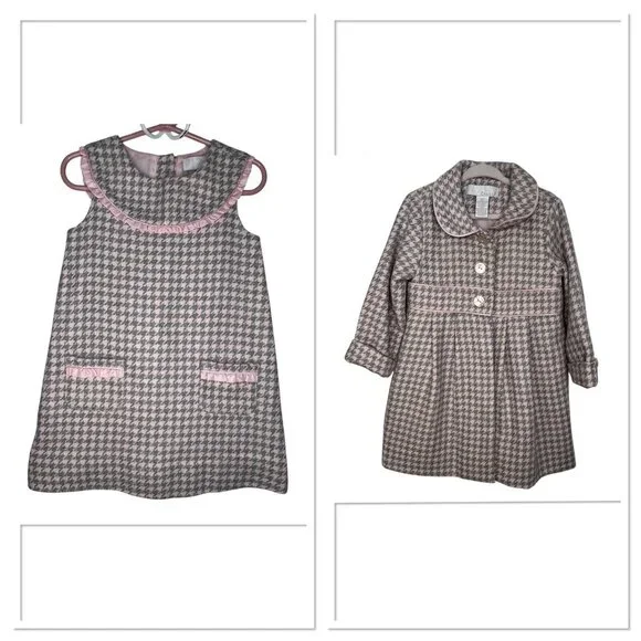 CAMILLA GIRLS BABY PINK GRAY‎ WOOL BLEND HOUNDSTOOTH DRESS AND JACKET SIZE 4T