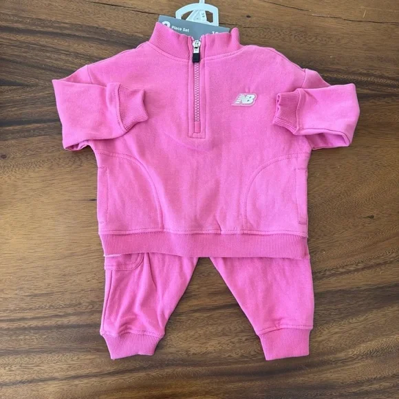New Balance Pink Cotton 3/4 Zip Sweat Set 12M