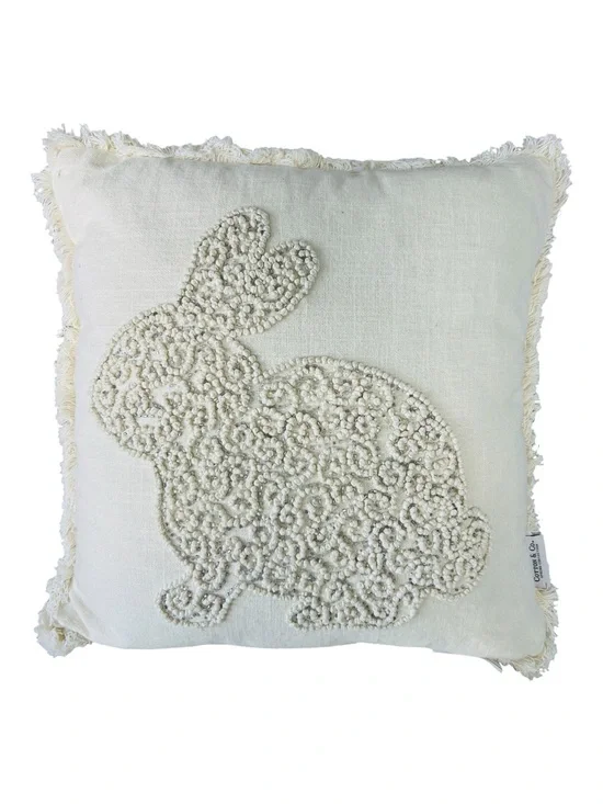 Cotton & Co Ivory Beaded Bunny Rabbit Throw Pillow 18x18 Fringe Easter Spring