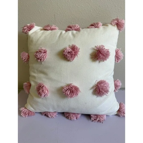 Boho Throw Pillow Pink Tassels Pom Pom‎ Accent Decorative Cushion