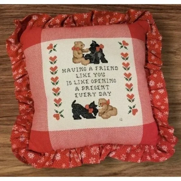 Handmade Pillow Scottie Dog Cross Stitch Bear Friend Throw Accent GrannyCore Vtg