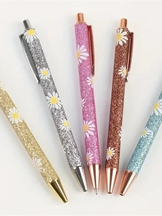 Black Daisy Ballpoint Pen with Gold Accents New