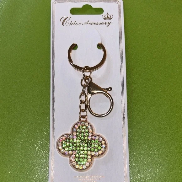 Green & Gold Crystal Clover Keychain/Bag Charm