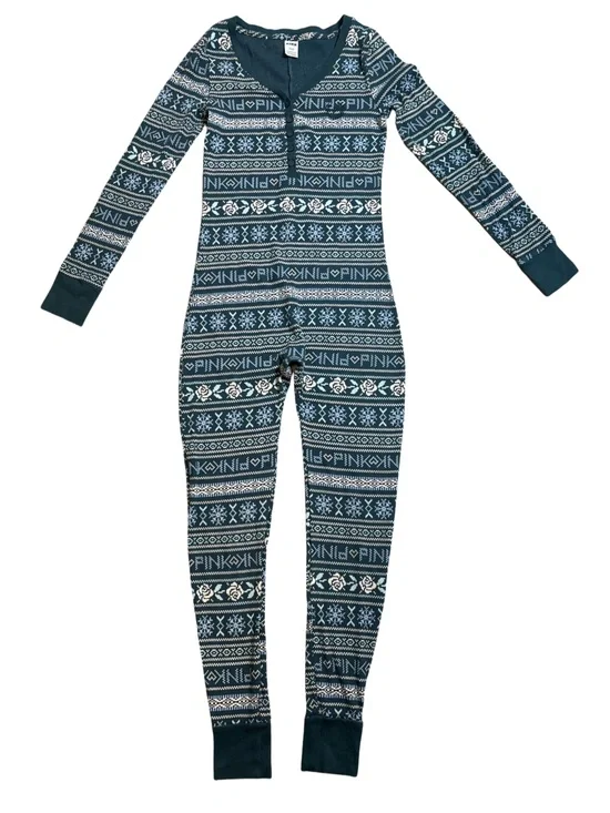 Victoria’s Secret PINK Dark Green Fair Isle Thermal Henley One Piece Pajama SM