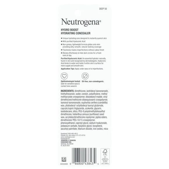 Neutrogena Hydro Boost Hydrating Concealer Stick, 50 Deep, 0.12 oz