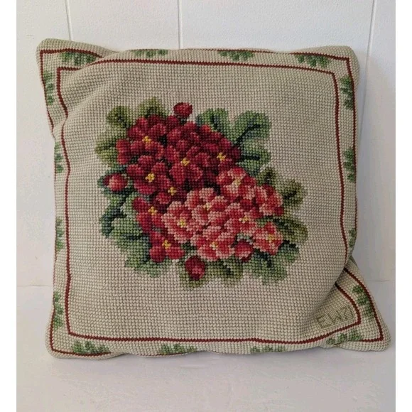 VTG Wool Needlepoint Petit Point Embroidered Floral Pillow Handmade Hydrangea 11