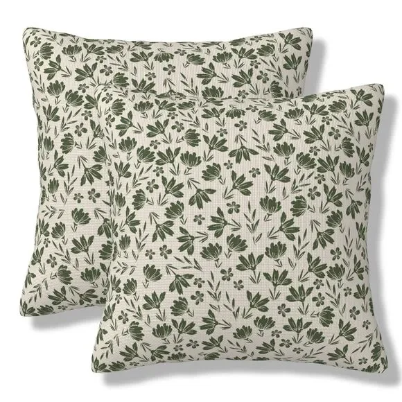 Set of 2, 18x18 Inch, Olive Green Floral Throw Pillow Covers