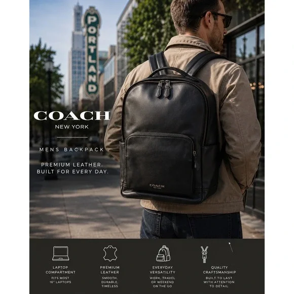NWT Coach Graham Backpack Black Calf Leather Laptop Bag F37599 Large $550 Work