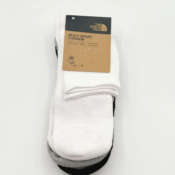 The North Face Cushion Quarter Socks / 3 PACK / Mens Size M (8.5 10) Blk Gry Wht