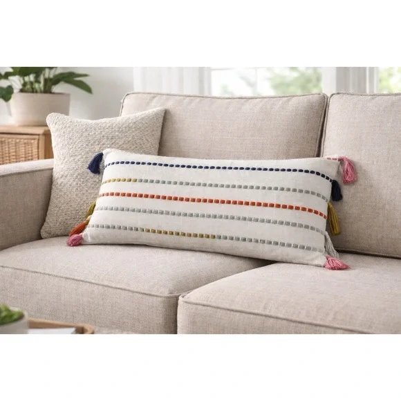 Threshold Running Lines Lumbar Throw Pillow 12x24 White Multicolor Tassels