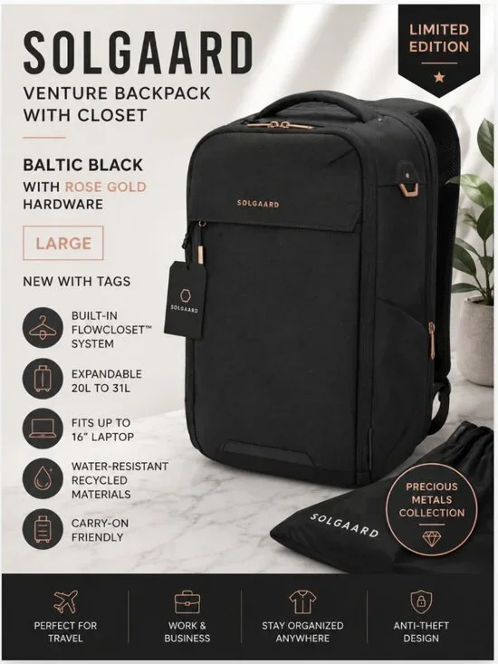 RARE Solgaard Venture Backpack w/ Closet Baltic Black Rose Gold Large NWT