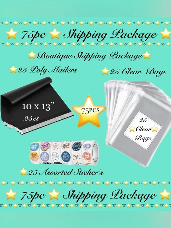 75pc Shipping Package  25-Black Poly Mailers 25-Clear Bags 25-TY Stickers ⭐️🆕⭐️