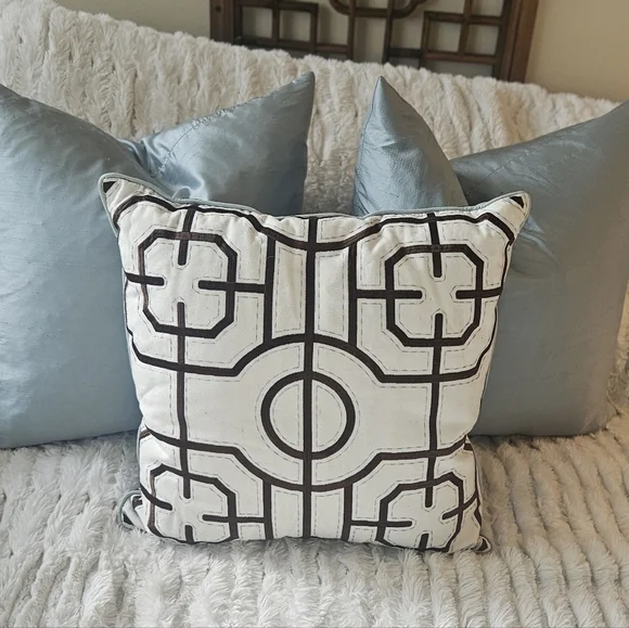 Set Of Three Geometric Reversible Pillow &Two Blue Silk Throw Pillows Beautiful