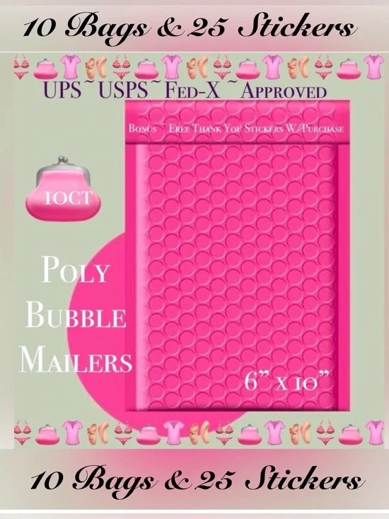 10ct  Bubble Poly Mailers 👙🆕👙  Boutique Mailers  w/ 25ct Free Stickers