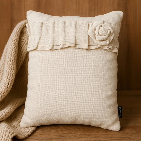 Borgata Linen-Look Ruffle Rosette Accent Pillow ~15