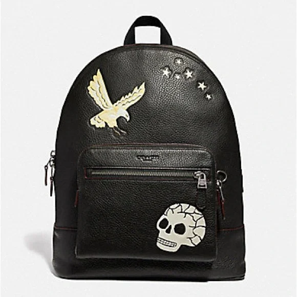 Coach Black Leather Backpack with Skull and Eagle
