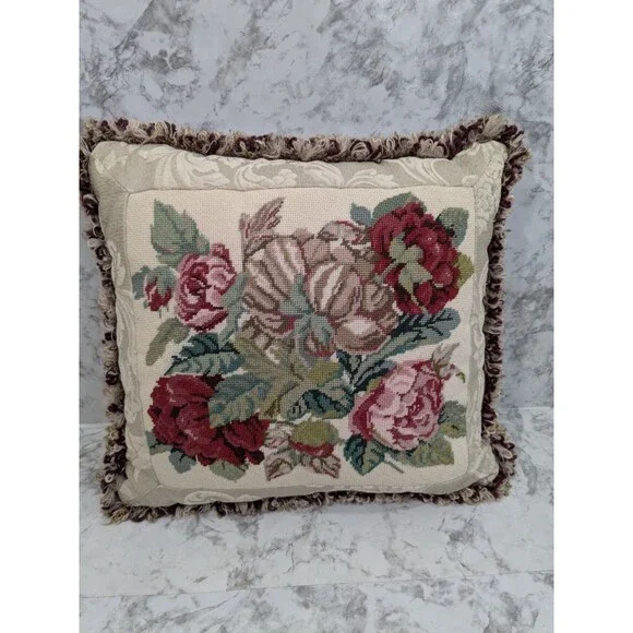 Needlepoint by Hand Cabbage Rose Accent Pillow 17 x 17