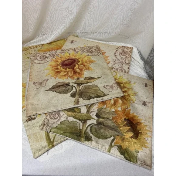 Set of 5 French Country Sunflower Bee Linen Pillow Covers 18x18 Farmhouse Decor