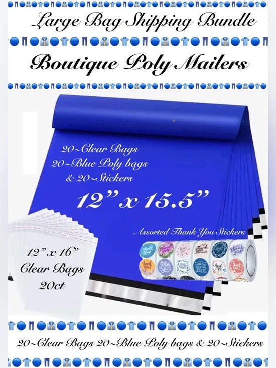 60pcs  Shipping Package  20 Blue Poly Mailers 20 Clear bags  20 stickers