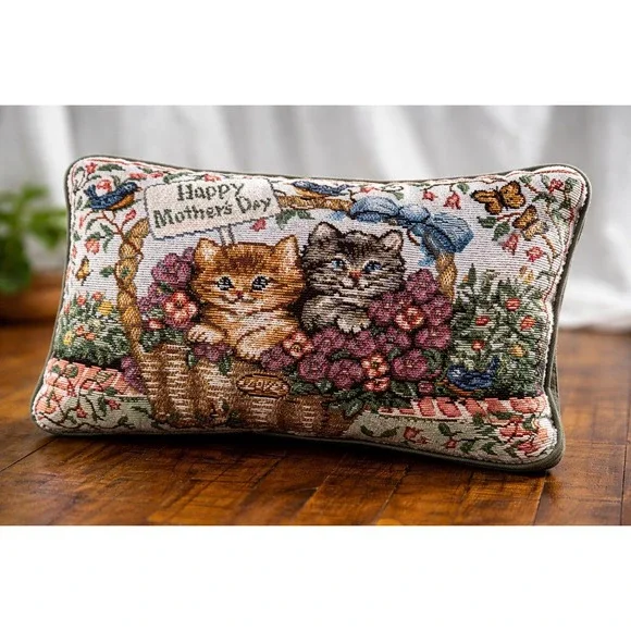 Vintage Tapestry Cat Kitten Throw‎ Pillow Mothers Day Floral Cottagecore Decor
