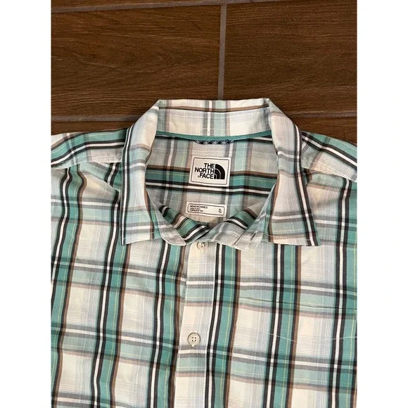 The North Face Mens XL Short Sleeve Plaid Button Down Shirt Teal White Brown