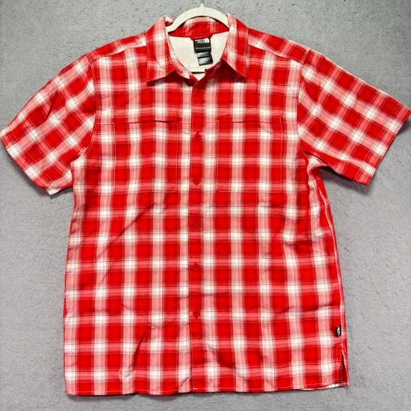 The North Face Mens Plaid Short‎ Sleeve Button Up Shirt Red White Outdoor M