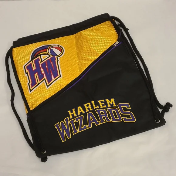 Harlem Wizards Basketball String Bag Travel Bag Bookbag Black Yellow Purple OS