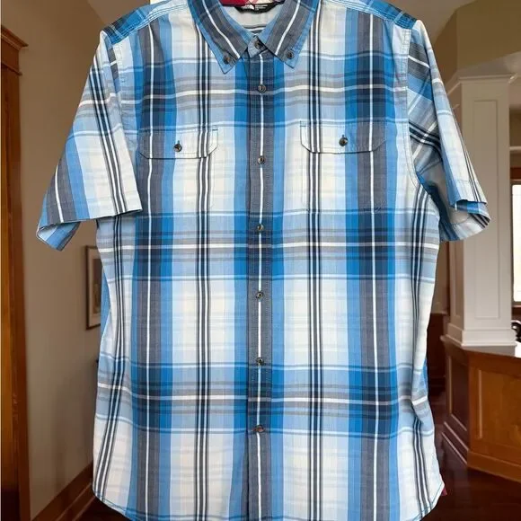 The Northface Large Blue Plaid Men's Shirt Short Sleeve Button Front.