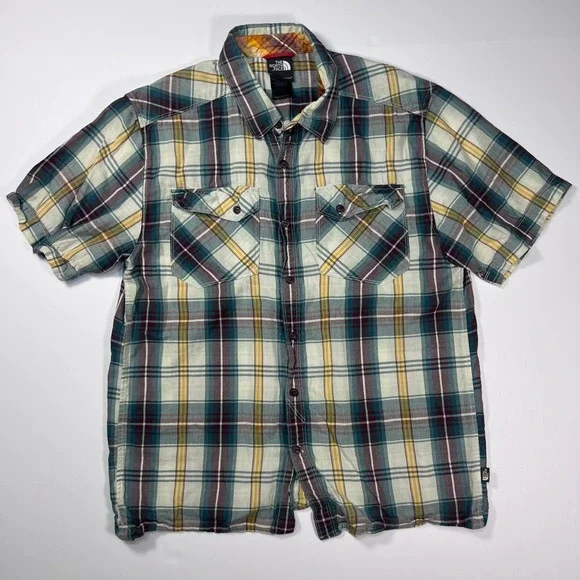 The North Face Plaid Button Down Shirt Mens Medium Short Sleeve TNF Hiking