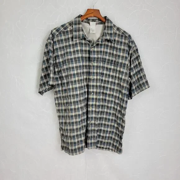 The North Face Camp‎ Shirt Mens Large Brown Tan Plaid Short Sleeve Button Up