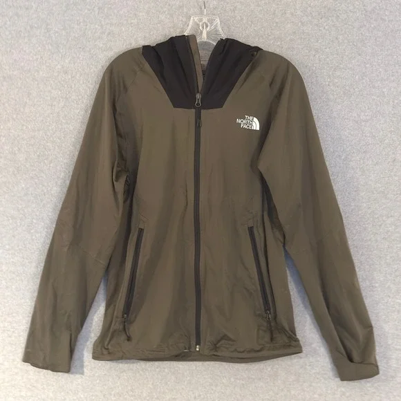 The North Face Mens Small Olive Green Black Full Zip Hooded Windbreaker Jacket
