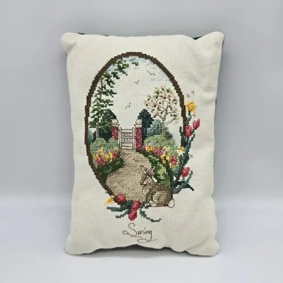 Spring Handmade Cross-Stitch Pattern Pillow Multicolor Small Green Back Floral
