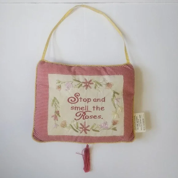 J.D. Yeatts & Son Hanging Pillow Small Red Gingham Embroidered Roses Cottagecore