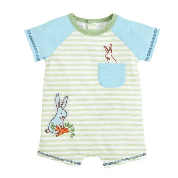 NWT Mudpie Green Stripe Easter Baby Shortall 9-12M Bunny Romper