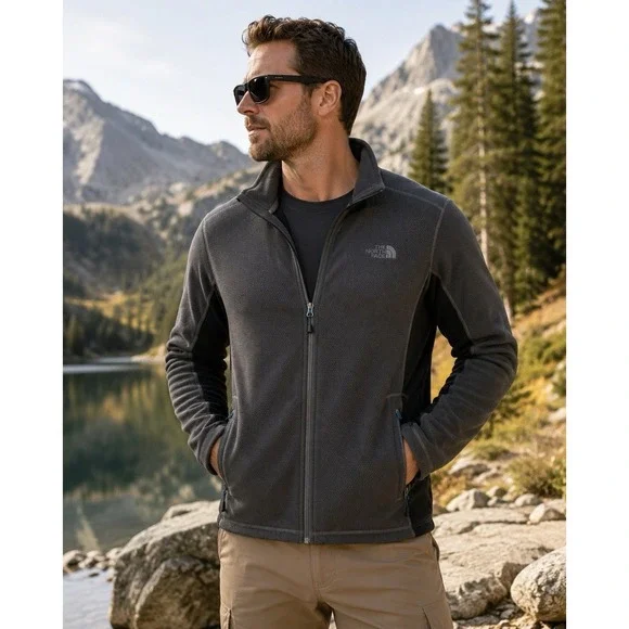 The North Face Men's Large Full Zip Grid Fleece Jacket Gray Black Performance