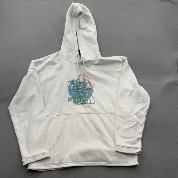 The North Face Hoodie Mens Medium Earth Graphic Slogan Pullover Fleece Outdoors.