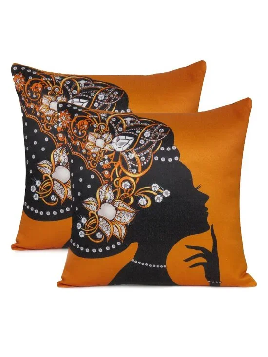 Oussum Luxury Cushion Cover Yellow Decorative Lady Printed Pillow Case Set of 2