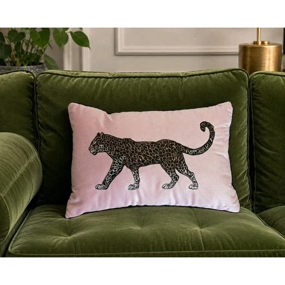Bebe Blush Pink Velvet Leopard Lumbar Pillow Embroidered Cheetah Boho Chic