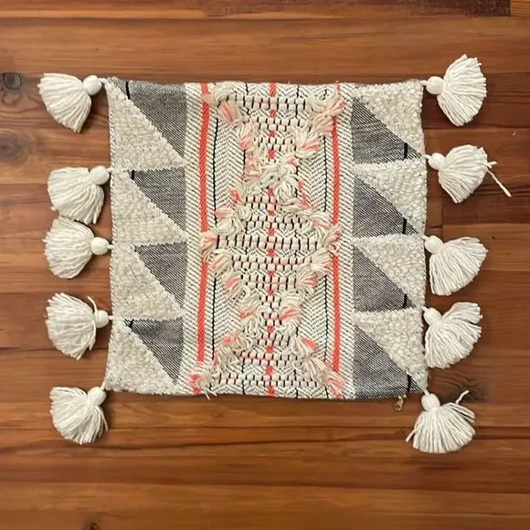 Anthropologie Edna Woven Texture Pillow Cover Tassel White Coral 18x18 in