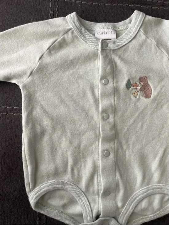 Carter's Light Sage Green Snap-Front Baby One-Piece with Bear Embroidery