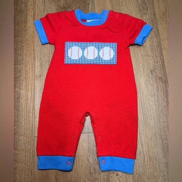 Three Sisters Baseball Romper 3M Red Blue Applique Baby Boy Snap One Piece Sport