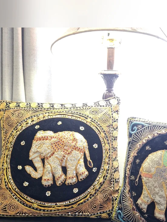 Vintage Boho Kalaga Burmese Elephant Embroidered Sequin Throw Accent Pillows x 2
