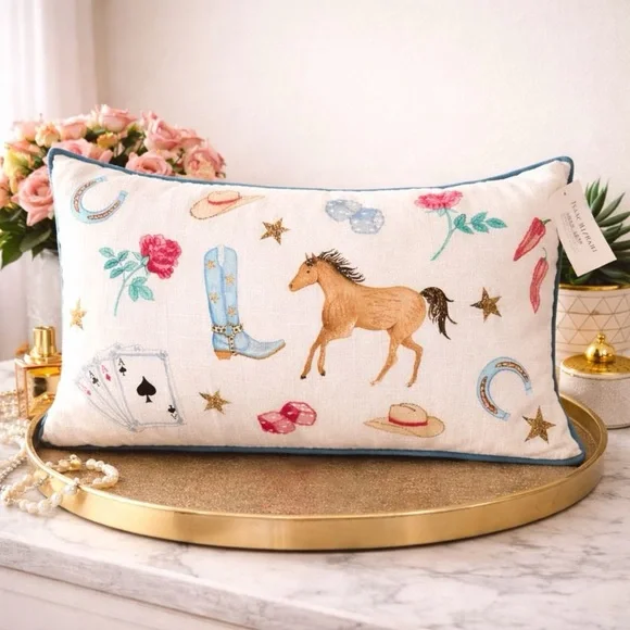 Western Luck Themed Decorative Pillow Whimsical Cottagecore Playful Ranch Decor