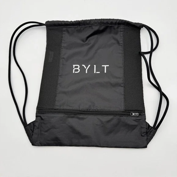 BYLT Drawstring Backpack Unisex M Black Front Zip Mesh Ripstop Gym Bag Sporty