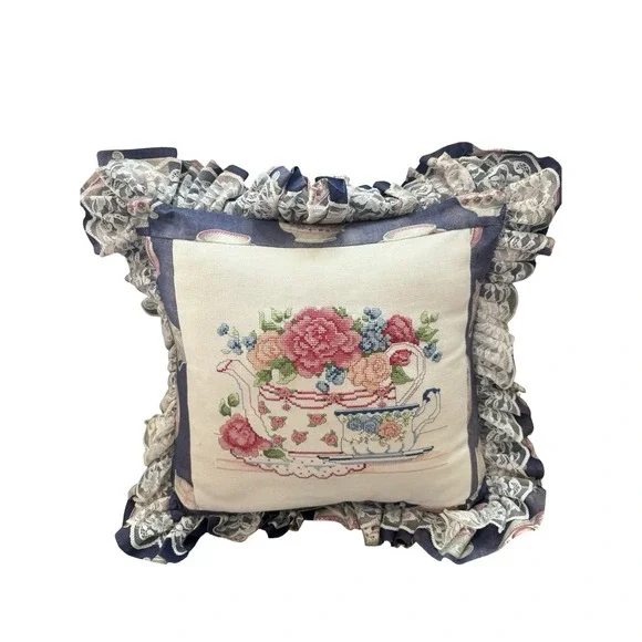 Vintage Handmade decorative pillow needlepoint‎ floral teacup grandmacore