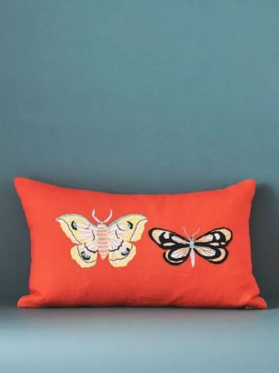 Anthropologie Sarah Gordon Embroidered Pillow in Orange - Butterfly - NWOT