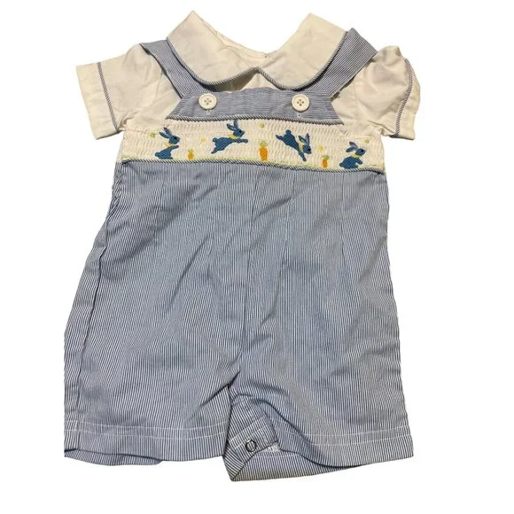 Baby Romper 6M Toffee Apple Blue/White Striped Outfit With Bunny/Carrot vintage