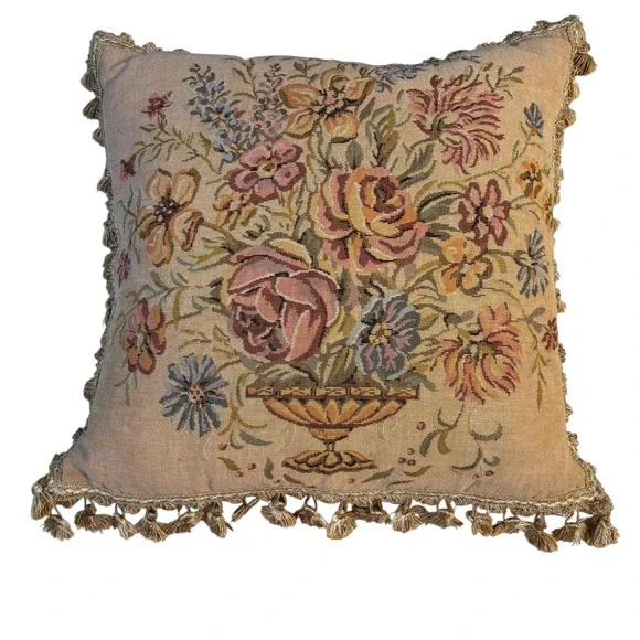 Pottery Barn Floral Tapestry Throw Pillow Bullion Fringe Feather Down 17