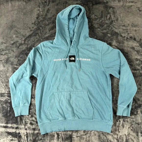 The North Face Hoodie Mens Large Teal Blue Never Stop Exploring Gl Sweatshirt