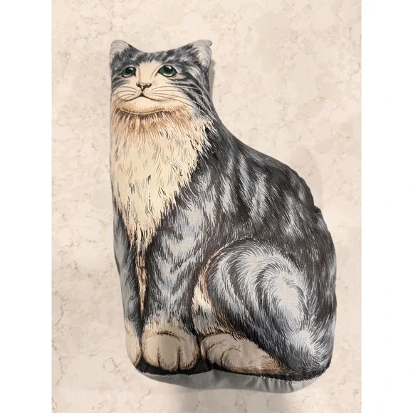 Vintage Grey Tabby Cat Cottagecore Fabric Grandmacore Decorative Pillow 14 Inch